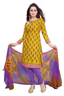 Yellow embroidered faux crepe unstitched salwar with dupatta 1