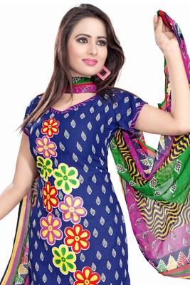 Blue embroidered faux crepe unstitched salwar with dupatta 2