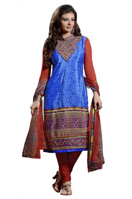 Blue embroidered faux crepe unstitched salwar with dupatta 1