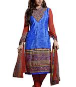 Blue embroidered faux crepe unstitched salwar with dupatta