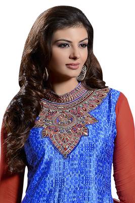 Blue embroidered faux crepe unstitched salwar with dupatta 2
