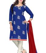 Blue embroidered cotton poly unstitched salwar with dupatta