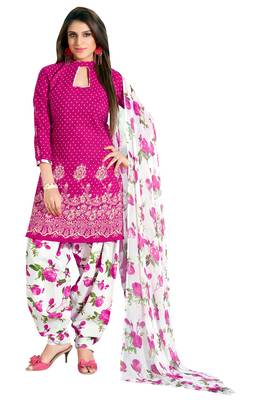 Pink embroidered cotton poly unstitched salwar with dupatta 1