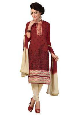 Maroon embroidered cotton poly unstitched salwar with dupatta 1