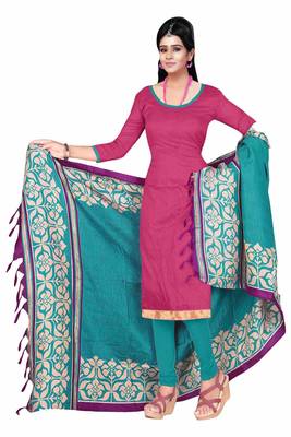Pink embroidered art silk unstitched salwar with dupatta 1