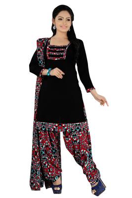 Black embroidered faux crepe unstitched salwar with dupatta 1