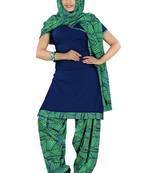 Blue embroidered faux crepe unstitched salwar with dupatta