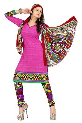 Pink embroidered faux crepe unstitched salwar with dupatta 1