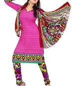 Pink embroidered faux crepe unstitched salwar with dupatta