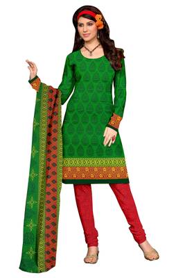 Green embroidered faux crepe unstitched salwar with dupatta 1