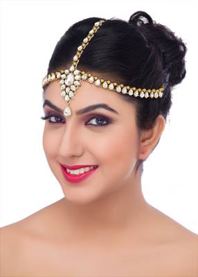 Stylish Hair Designer Matha Patti For Wedding Gold Finishing Stone In White 1