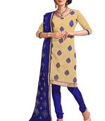 Beige embroidered cotton poly unstitched salwar with dupatta