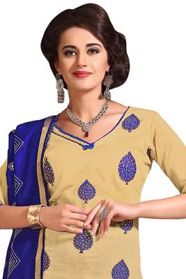 Beige embroidered cotton poly unstitched salwar with dupatta 2