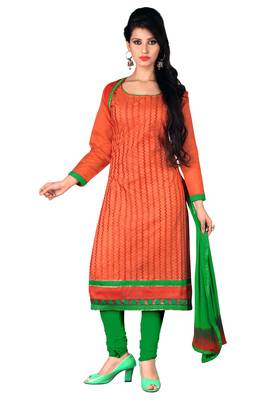Orange embroidered cotton poly unstitched salwar with dupatta 1