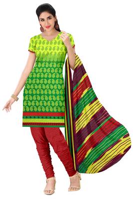 Green embroidered faux crepe unstitched salwar with dupatta 1