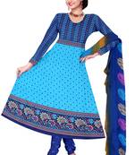Blue embroidered faux crepe unstitched salwar with dupatta