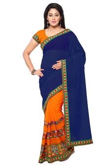 Blue Embroidered Georgette Saree With Blouse