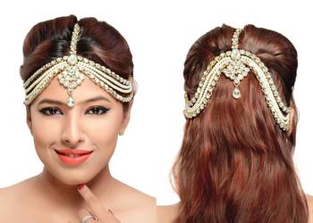 Stylish Hair Designer Matha Patti For Wedding Gold Finishing With Pearl And Stone In White 1