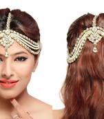 Stylish Hair Designer Matha Patti For Wedding Gold Finishing With Pearl And Stone In White