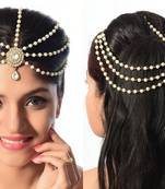 Dazzling Design Hari Style Matha Patti For Party Wear Gold Finishing In White Stone & Pearl