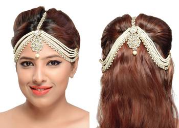 Fancy Style Design Matha Patti For Wedding Gold Finishing With Pearl And Stone In White 1