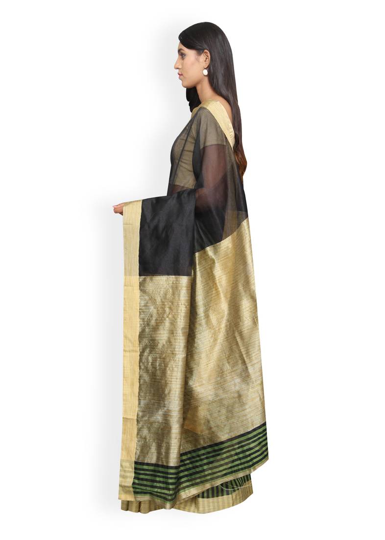 Green plain cotton poly saree with blouse