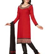 Red embroidered cotton poly unstitched salwar with dupatta