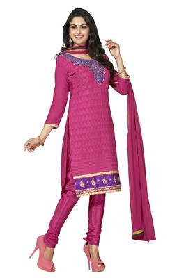 Pink embroidered cotton poly unstitched salwar with dupatta 1