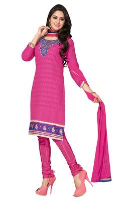 Pink embroidered cotton poly unstitched salwar with dupatta 2