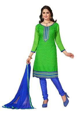 Green embroidered cotton poly unstitched salwar with dupatta 1