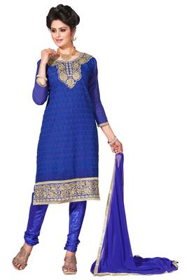 Blue embroidered cotton poly unstitched salwar with dupatta 1