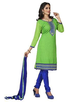 Green embroidered cotton poly unstitched salwar with dupatta 2