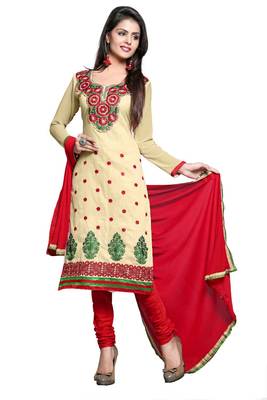 Beige embroidered faux chanderi unstitched salwar with dupatta 1