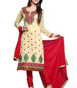 Beige embroidered faux chanderi unstitched salwar with dupatta