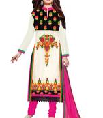 White embroidered faux georgette unstitched salwar with dupatta