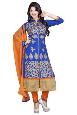 Blue embroidered cotton poly unstitched salwar with dupatta 1