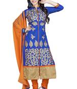 Blue embroidered cotton poly unstitched salwar with dupatta