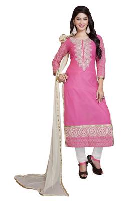 Pink embroidered cotton poly unstitched salwar with dupatta 1