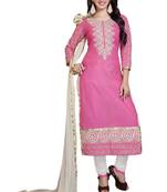 Pink embroidered cotton poly unstitched salwar with dupatta