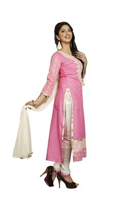 Pink embroidered cotton poly unstitched salwar with dupatta 2