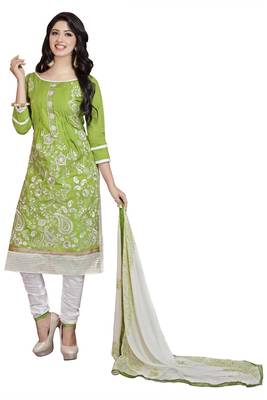 Green embroidered cotton poly unstitched salwar with dupatta 1