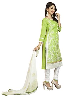 Green embroidered cotton poly unstitched salwar with dupatta 2