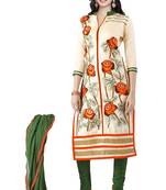 Beige embroidered cotton poly unstitched salwar with dupatta