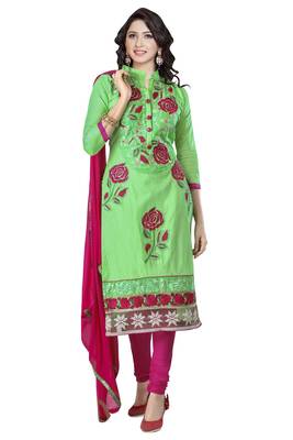 Green embroidered cotton poly unstitched salwar with dupatta 1