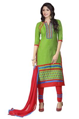 Green embroidered cotton poly unstitched salwar with dupatta 1