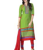 Green embroidered cotton poly unstitched salwar with dupatta