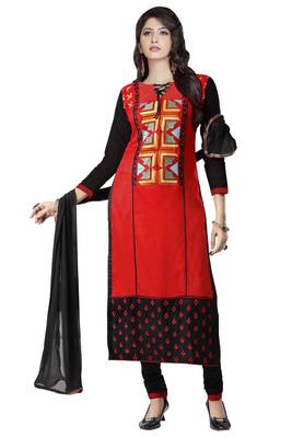 Red embroidered cotton poly unstitched salwar with dupatta 1