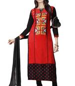 Red embroidered cotton poly unstitched salwar with dupatta