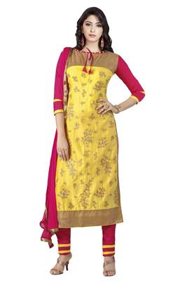 Yellow embroidered cotton poly unstitched salwar with dupatta 1