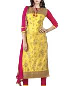 Yellow embroidered cotton poly unstitched salwar with dupatta